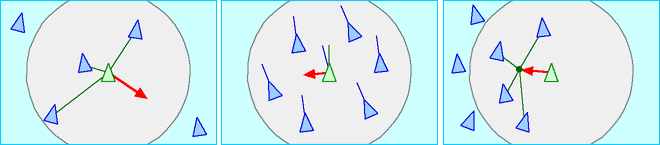 Basic boid flocking rules: separation, alignment and 
cohesion. The red vector indicating the desired vector the boid steers towards. 
Taken from Wikipedia